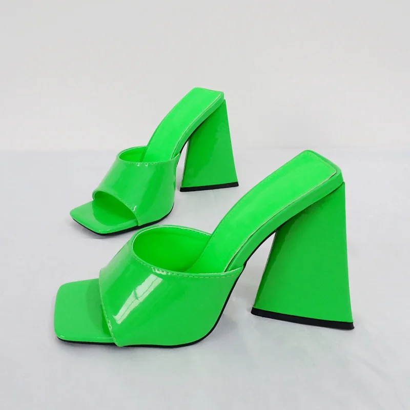 2023 New Fashion High-heeled Slippers  Outerwear Patent Leather Open Square Toe Chunky Heel Women Sandals - Image 3
