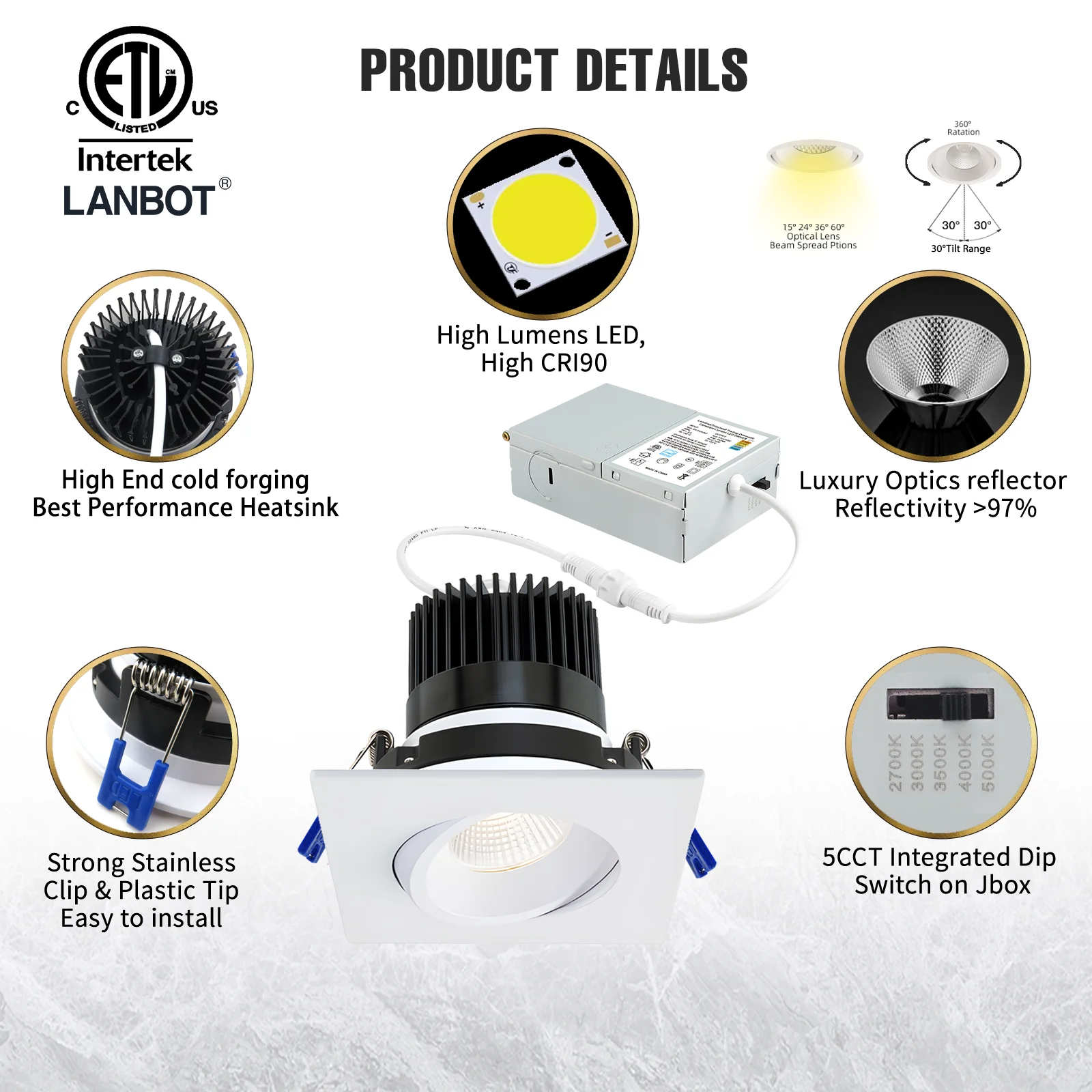 Lanbot IP54 Wet Location 3.5 Inch 5CCT Color Changeable LED Downlight Dimmable with Junction Box for Kitchen & Bathroom