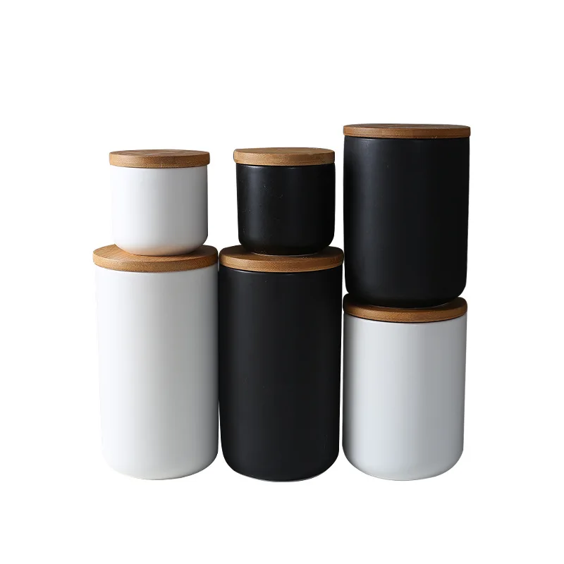 Wholesale Nordic Modern high quality food storage jar Porcelain Ceramic seasoning container with wood lid