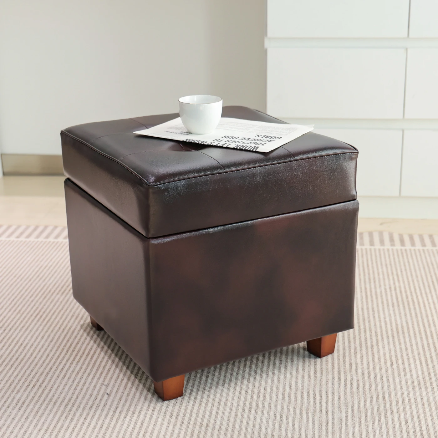 2025 Cube PVC Pouf Ottoman with Storage Set Leather Stool for Living Room