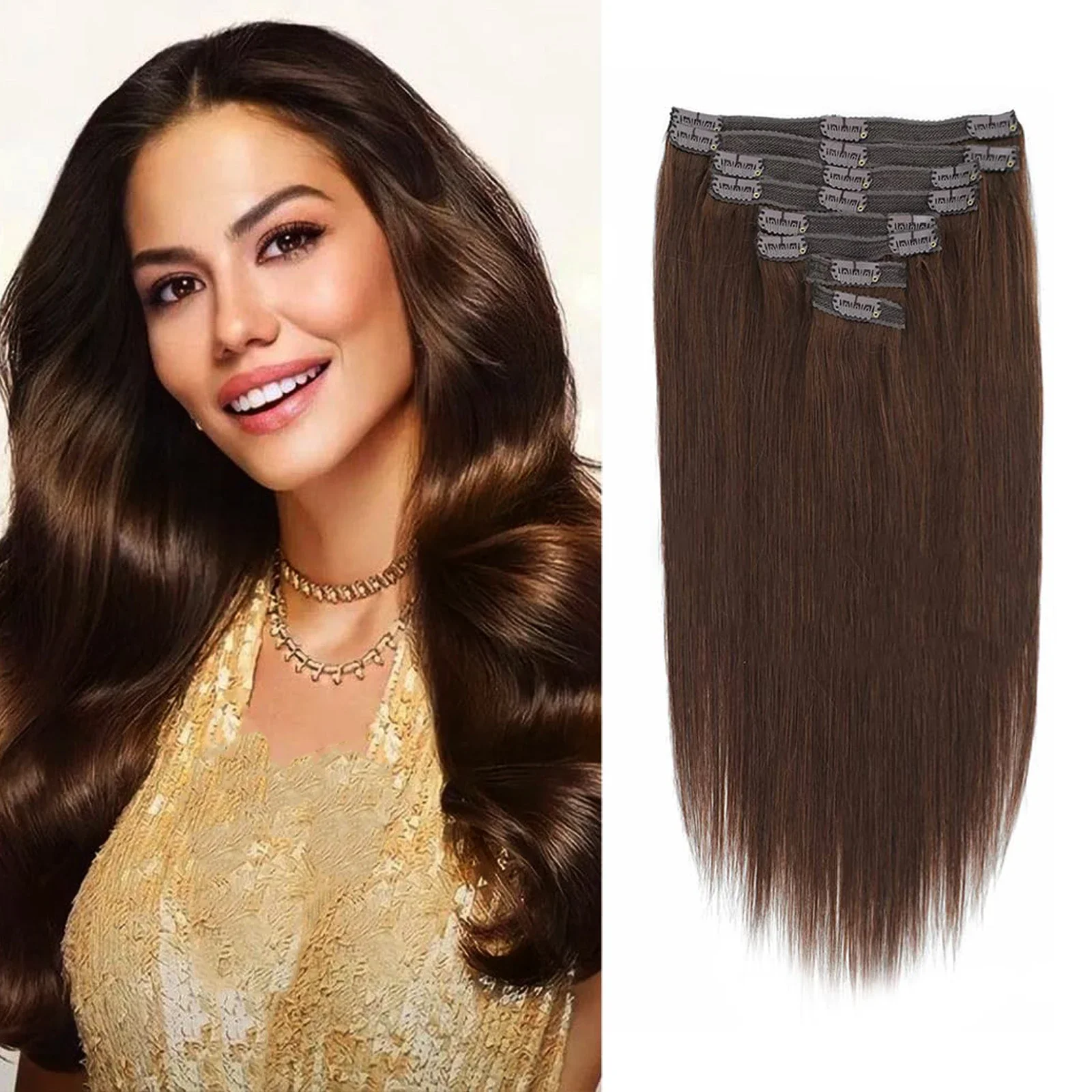 Extensions de cheveux humains à clipser brun chocolat, 8 pièces, cheveux Remy pour femmes_voghion.com