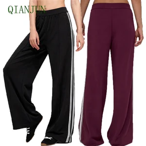 New Arrived Women Casual Straight Leg Sweatsuit Pants With Pockets Gym Training Contrast White Strips Design Sports Pants