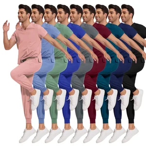 Modern Anti Bacterial Stretchable Popular  Clinic Work Scrubs Beauty Salon Men's V Neck Three Pockets Work Scrubs Uniforms Sets