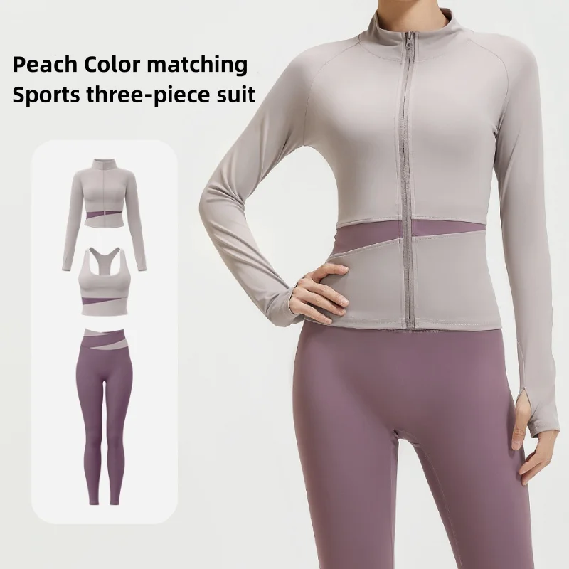 Girl Outer Wear Yoga Ribbed Flare Leg Leggings Jacket Bra Suit 3 Piece yoga conjuntos Fitness Workout Training Sets For Women factory