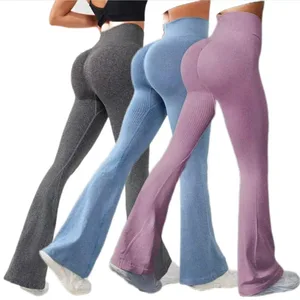 Seamless Fitness V Cut Yoga Flare Leggings Slim Wide Leg Sports Rib Pants Women High Waist Hip Workout Flared Pants