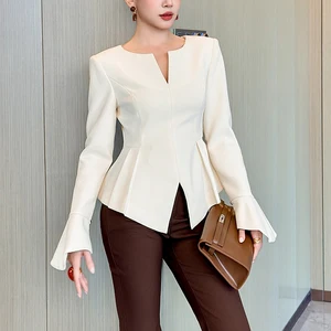 ZYHT 35243 Long Women's blazer Apricot Peplum Blazer with Flared Cuffs V-Neck Slim Fit Tailored Jacket for Office