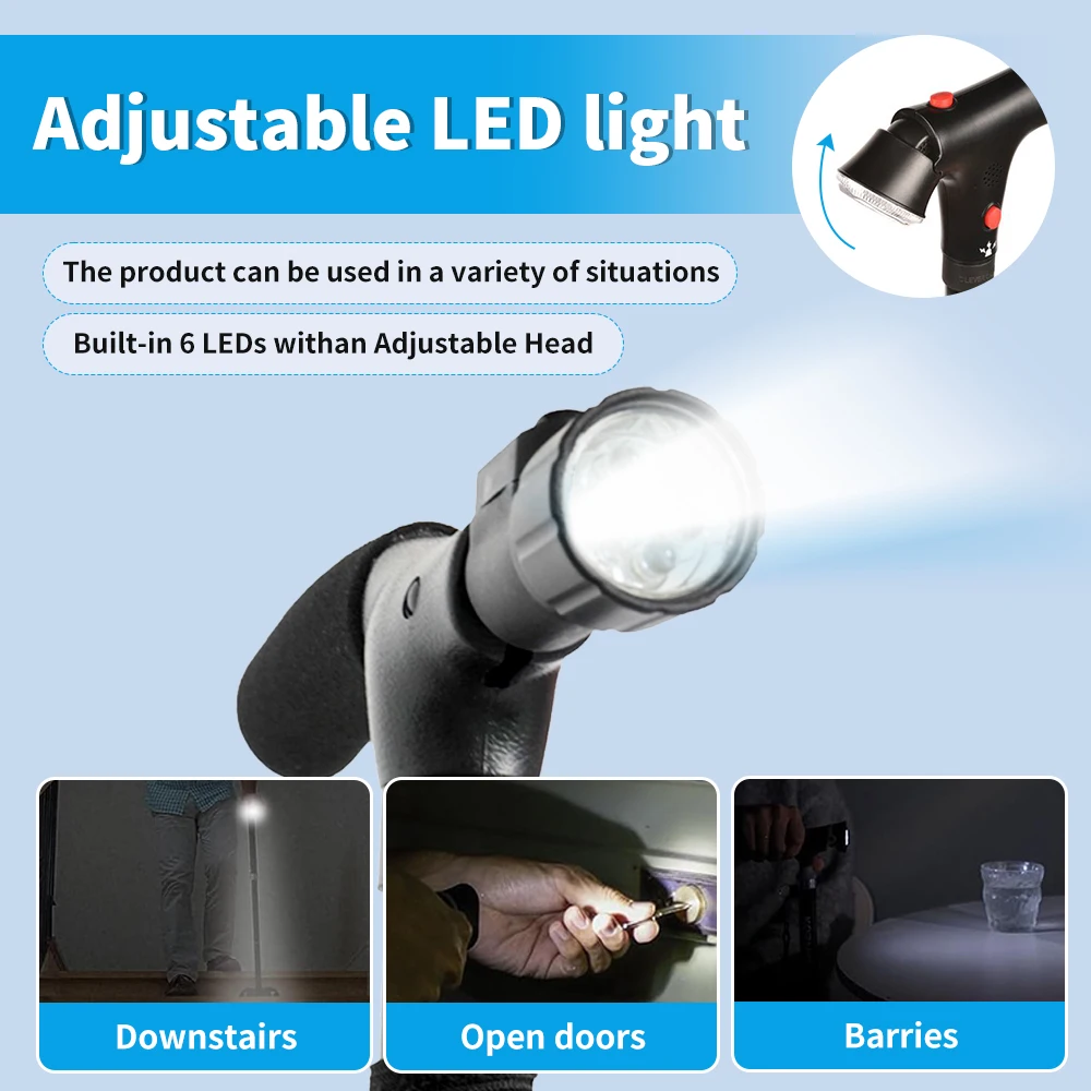 Men's Non-Slip Aluminum LED Adjustable Portable Walking Stick & Cane for Climbing Stairs and Rehabilitation Therapy