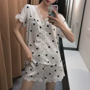 Women's Summer Pajamas Short-Sleeved Shorts Suit Casual Style Sexy Lace Silk Breathable Home Wear Sexy Nightgown
