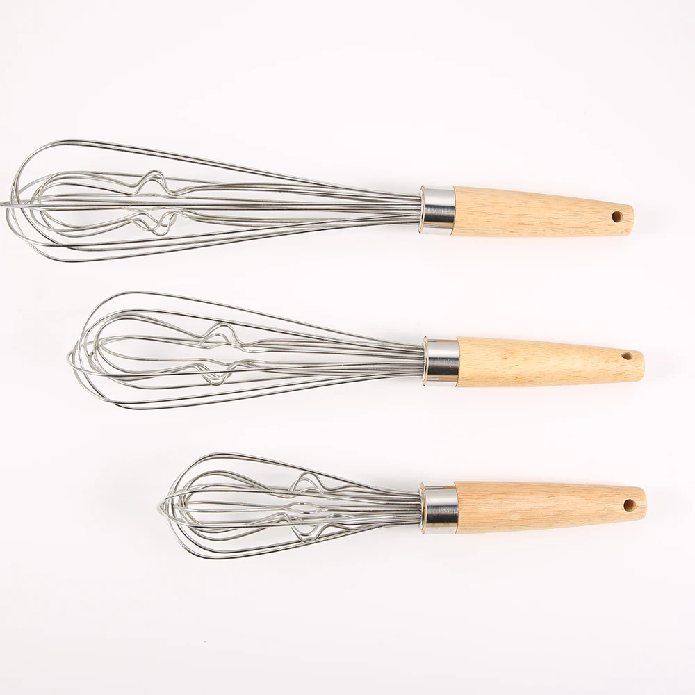 Multi-Function Stainless Steel Wire Egg Beater Non-Stick Kitchen Whisk Wooden Handle Whisking Frothing Stirring Batters Tool