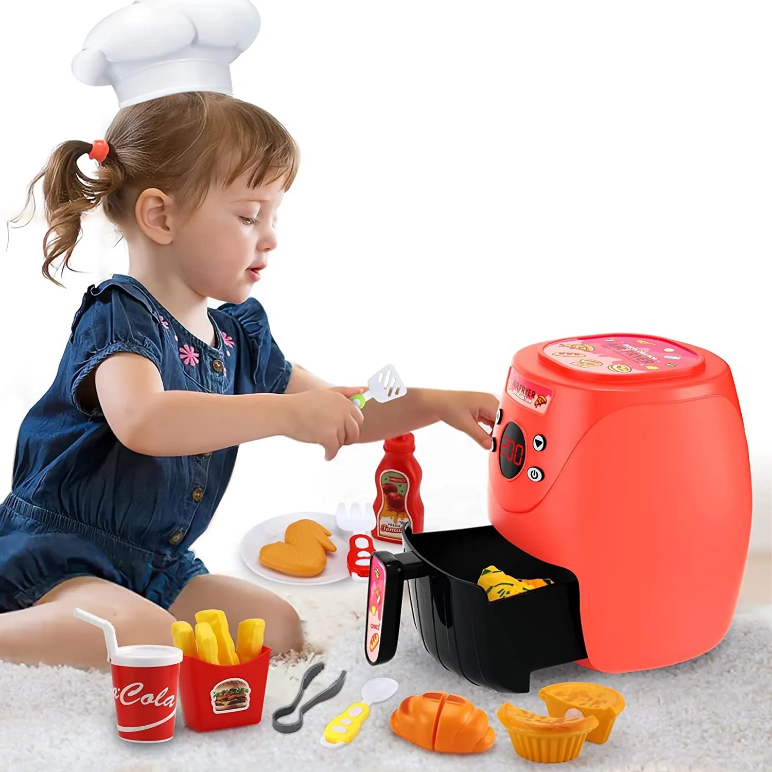 Friteuse à Air Jouet Pour Enfants – Set De Cuisine Avec Aliments, Lumière, Son Et Changement De Couleur – 5 Modes – ABS – Dès 3 Ans
