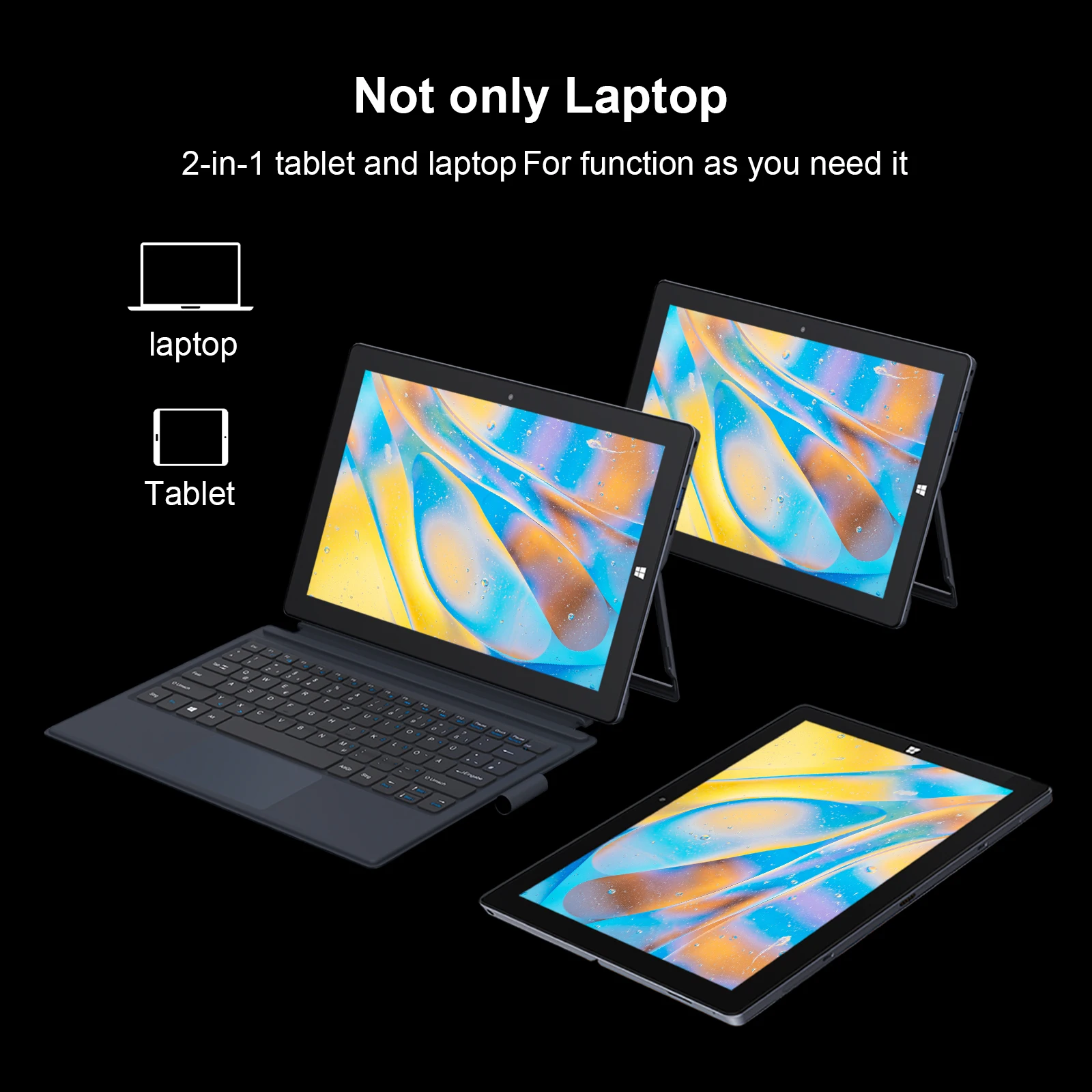 Image of a tablet showcasing the laptop mode vs the tablet mode. 