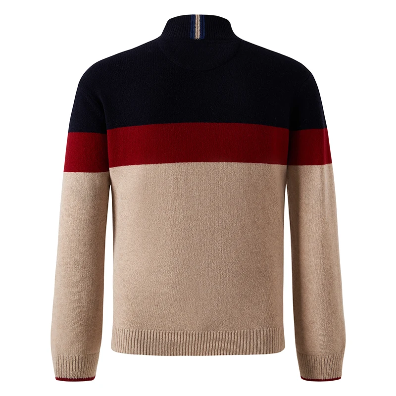 Custom Logo Design Oem Odm Turtleneck Striped Ribbed Men's 100% Wool Knitted Pullover Half Zip Sweater