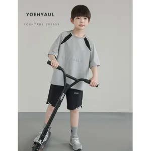 YOEHYAUL QG2951 4-14Y Teen Boys Summer Clothing Sets Mesh Cool Fabric T-Shirt Shorts Soft Breathable Boys Clothing Sets