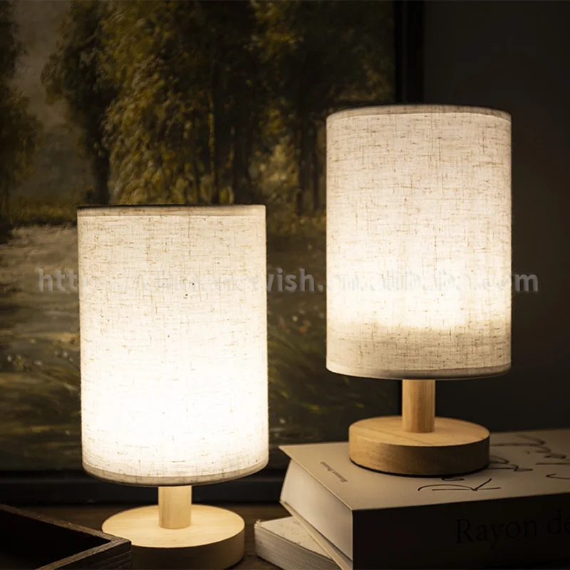 Wooden Base Fabric Shade Simplicity Design Linen Round Table Lamp Light for Reading Room Bedside Living Room