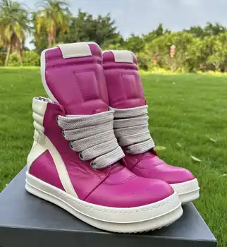 Top Quality Trendy Candy Pink Unisex Women Men Zip Geobasket Sneakers Shoes Cow Leather High-top Waxed Buffed Calfskin Sneakers
