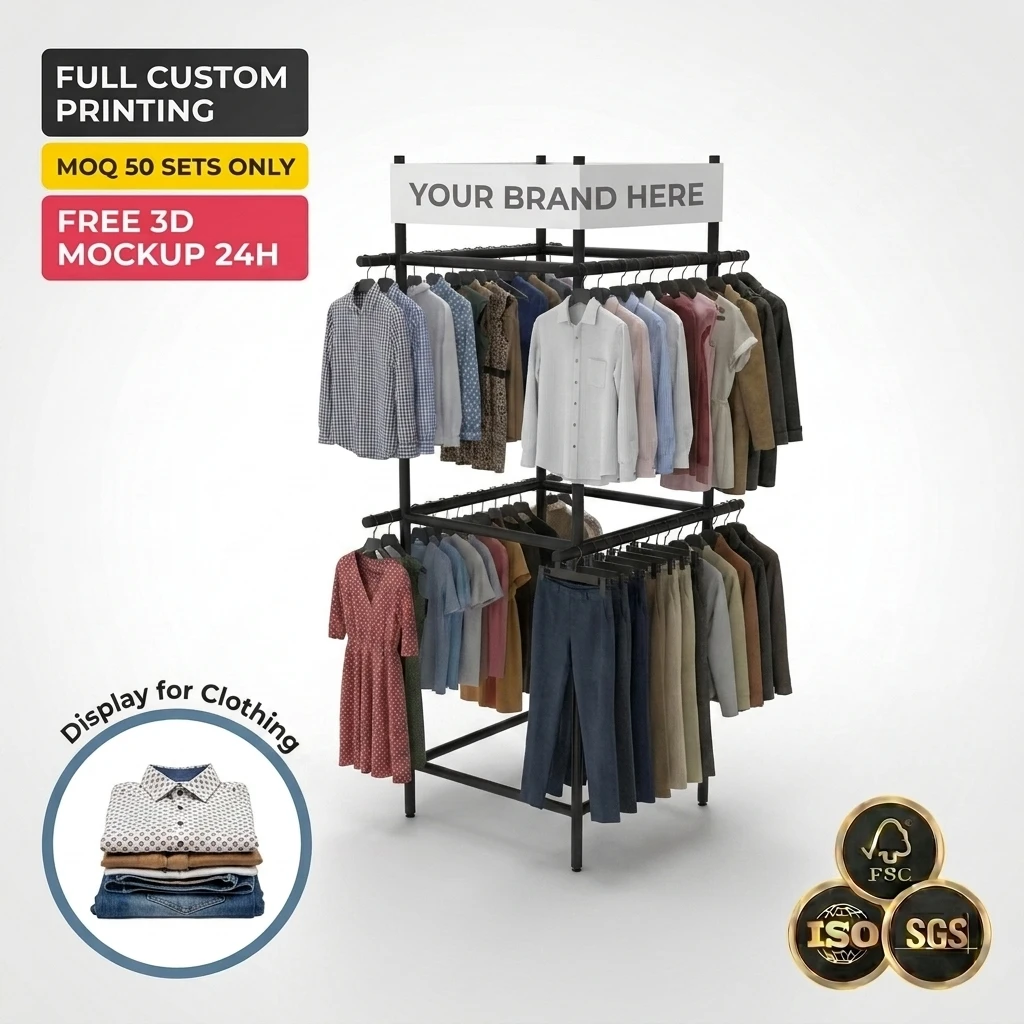 Custom Metal Clothes Display Stand Floor Garment Rack for T-Shirt Dress Carpet Retail Store Supermarket Display Shelves OEM