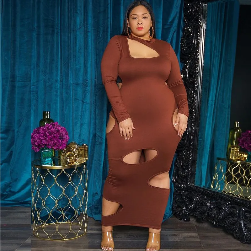 Solid Color Plus Size Women's Dress Vneck Long Sleeve Elegant Dress