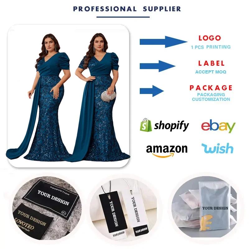 LY2689D Plus Size Luxurious Evening Dresses V-neck Sequin Long Formal Party  Dress Elegant Mermaid Wedding Dresses for Bridesmaid