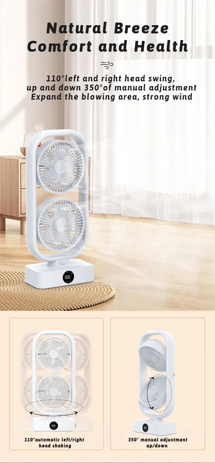 2023 Doubleheaded 360 Rotation Tower Fan With Remote Control Led Digital Display Large Battery