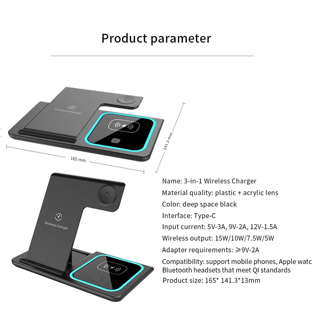 Amazon Top Seller 3 in 1 Foldable Wireless Charger 15W Universal Mobile Phone Charging Pad Multifunctional Desk Wireless Charger