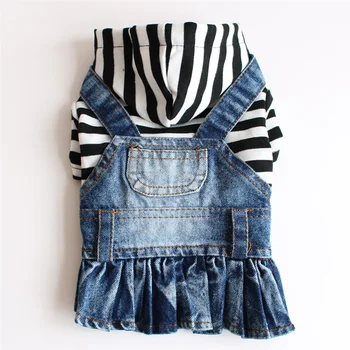 In Stock Wholesale Classic High Quality Black striped hoodies cat dog jean dresses false two-piece dog clothes