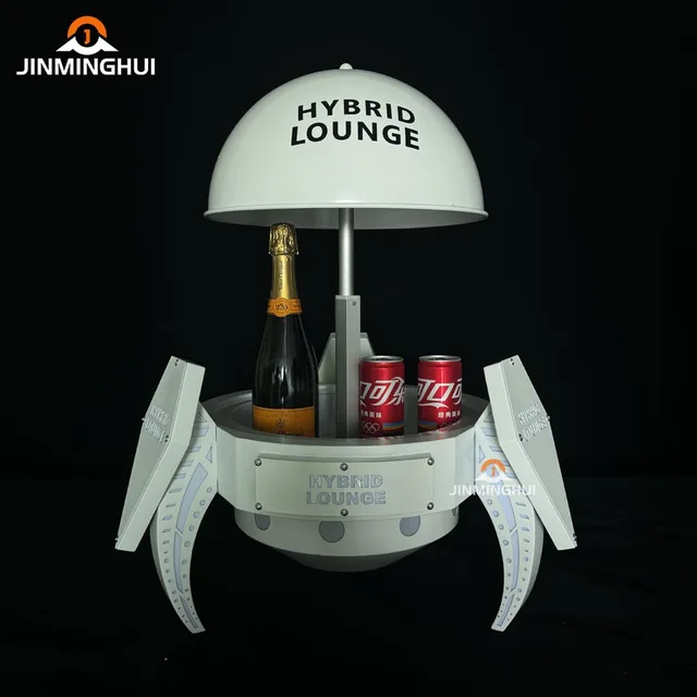 Customized Nightclub Metal Plastic Led Glowing Wine Bottle Display Rack Large Capacity Lift Flying Saucer Shape Ice Bucket