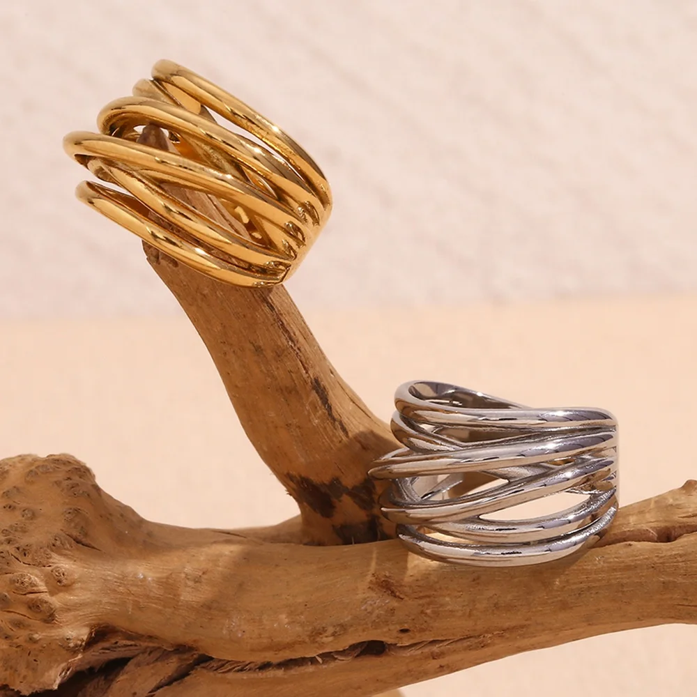 Summer 2024 Irregular Woven Signet Ring 18k Gold Plated Statement Jewelry Stainless Steel Titanium Jewelry