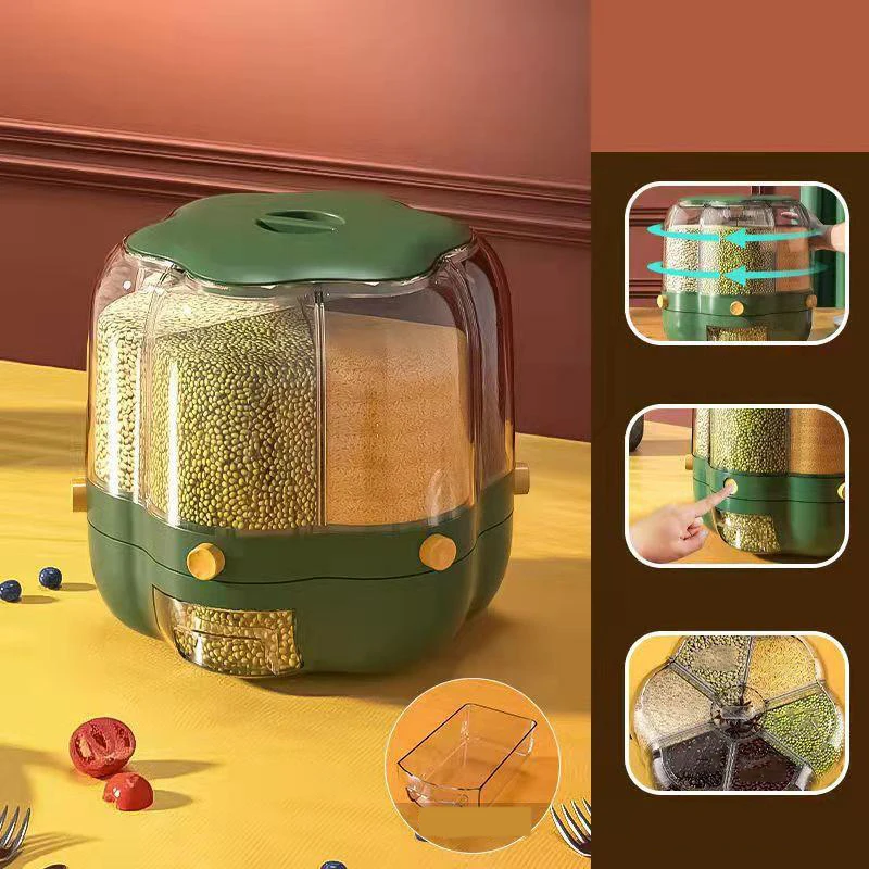 360 Degree Rotating Kitchen Plastic Food Storage Container Sealed Rice Dispenser