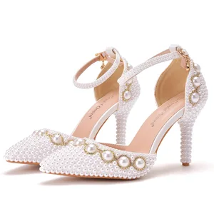 BUSY GIRL SXY02 9cm Large Size High Heel Sandals Beaded Chain Wristband Rhinestone Sandals Beige Beaded Wedding Shoes for Women