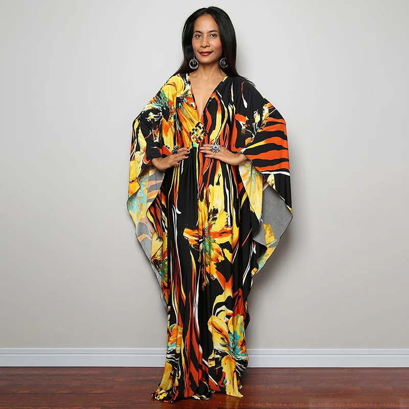 Luxury Women’s Beach Kaftan Cover Up – Colorful Print Maxi Dress with Bat Sleeves