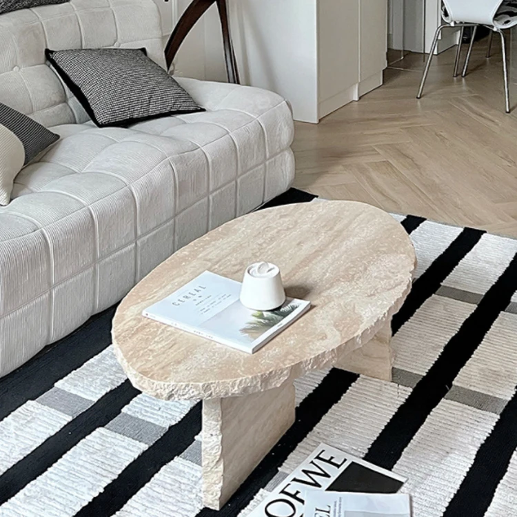 Free Shape Split Rock Edge Natural Marble Stone Round Oval Table Luxury Travertine Marble Coffee Tables