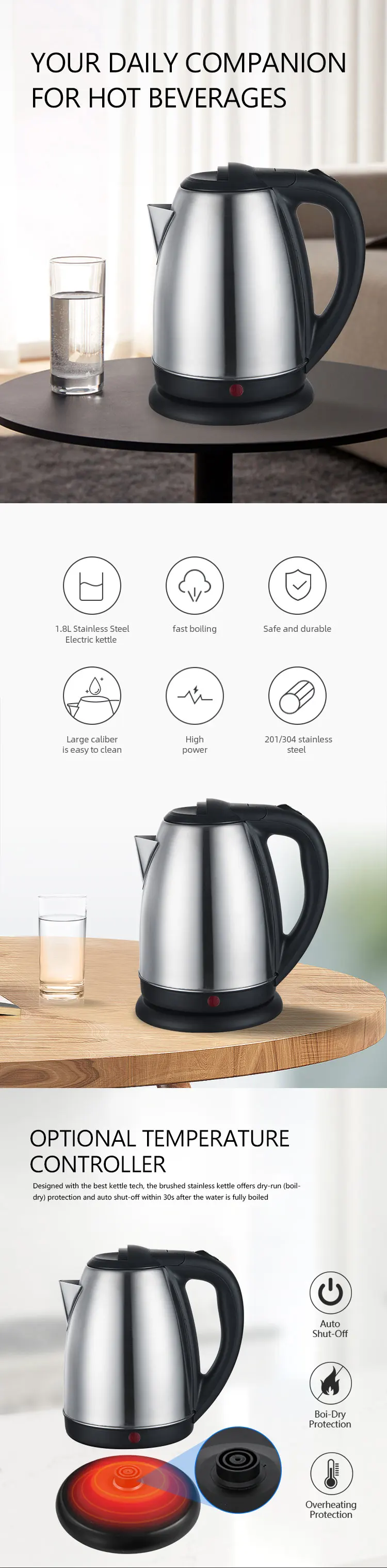 2023 Hot Sale 1.8l Electric Kettle Stainless Steel Home Appliance Tea