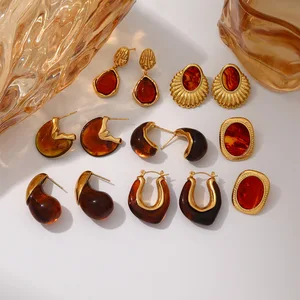 MW Vintage 18k PVD Gold Plated Geometric Hypoallergenic Earrings Waterproof Stainless Steel Chunky Statement Resin Earrings