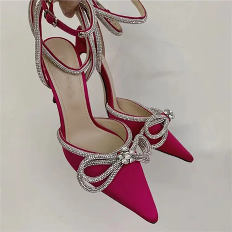 QSGFC Newest Pointed Toe Party High Heels Women's Shoes and Bags Set Pink  Rhinestones and Diamonds Butterfly Design