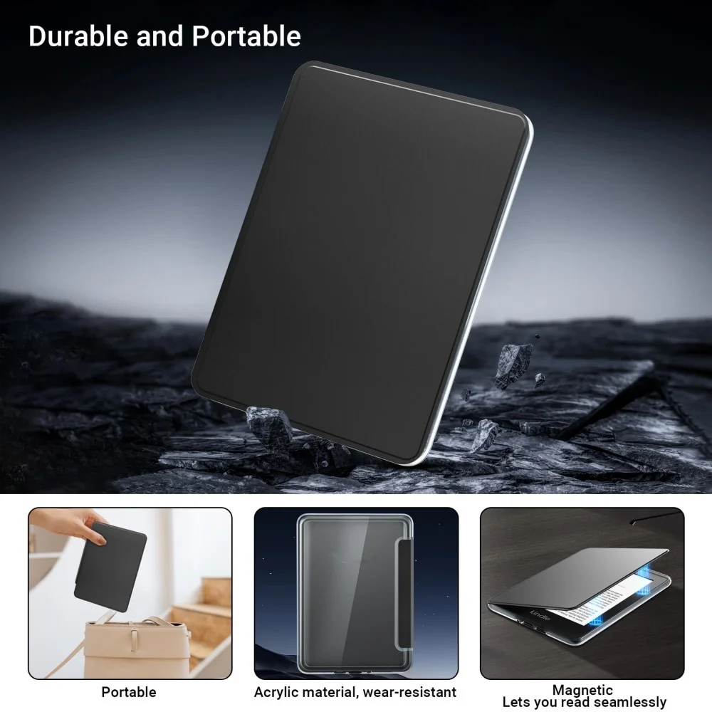 product for laudtec 2024 signature edition auto sleep wake foldable case clear leather hand strap clear case kindle paperwhite 12th gen-4