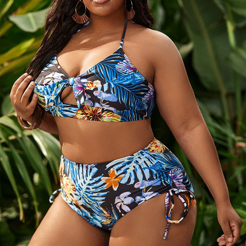 2022 Summer New Plus Size Two Piece Swimsuit Ladies Print Bikini Sexy Split Hot Spring Swimwear