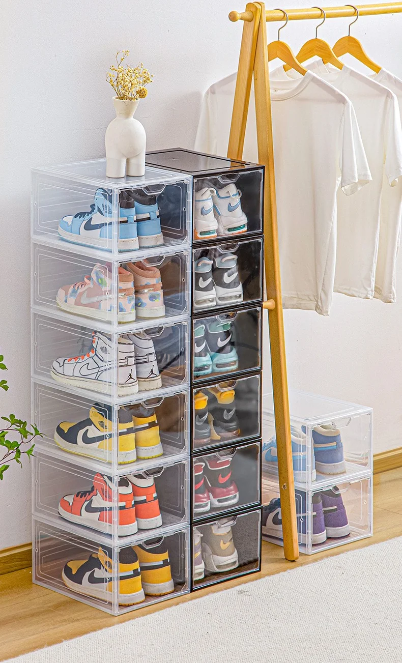 33.5*25*18cm Transparent Plastic Acrylic Shoe Box Square Foldable Anti-Oxidation Sneakers Storage Wall Cabinet with PP Plastic