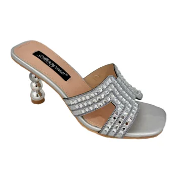 2024 New Wholesale Strange Heel Square Toe Women Heeled Sandals Slippers with Diamond