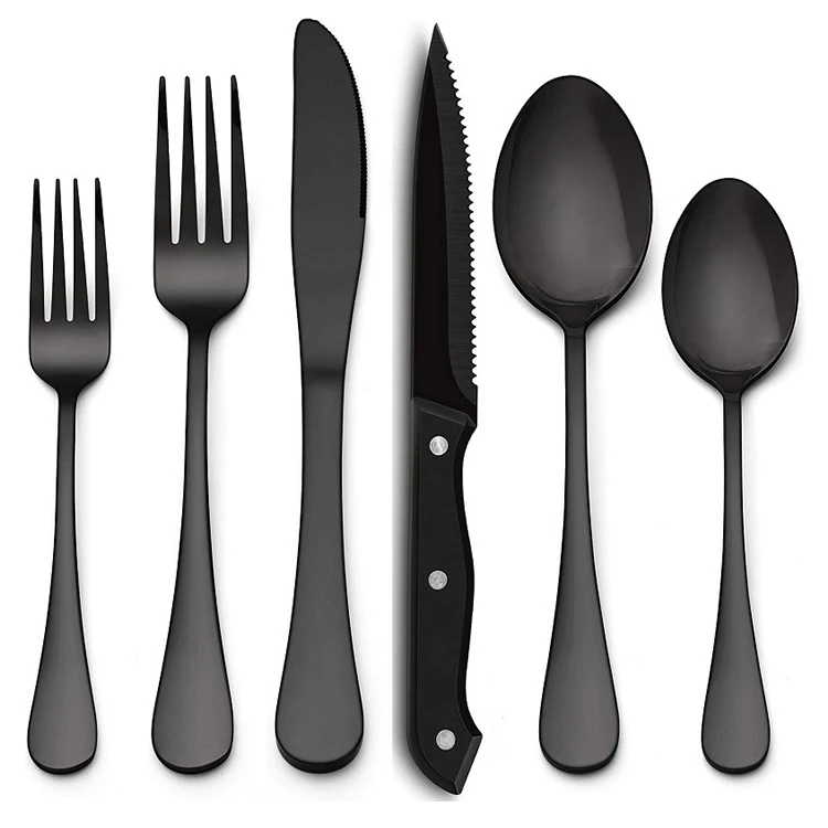 24 Pieces Black Silverware Set With Steak Knives Stainless Steel Flatware Cutlery Set Kitchen Utensil Tableware Set_voghion.com