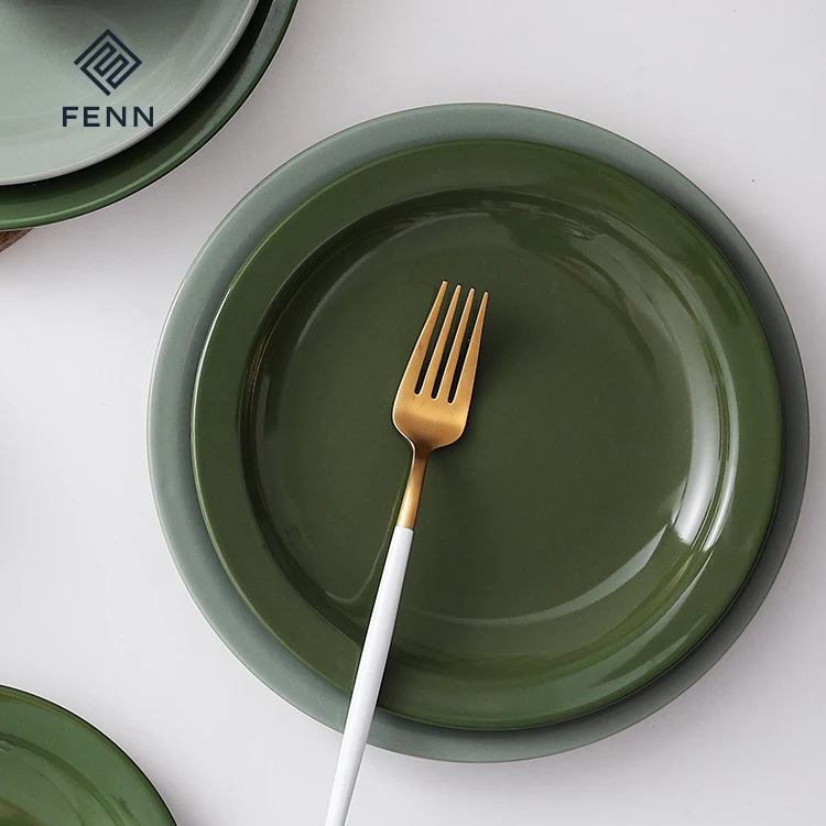 FENN New Trend 7.5/8.5 Inch Scratch Resistant Porcelain Plate Glossy Green Glazed Ceramic Plates For Daily-use