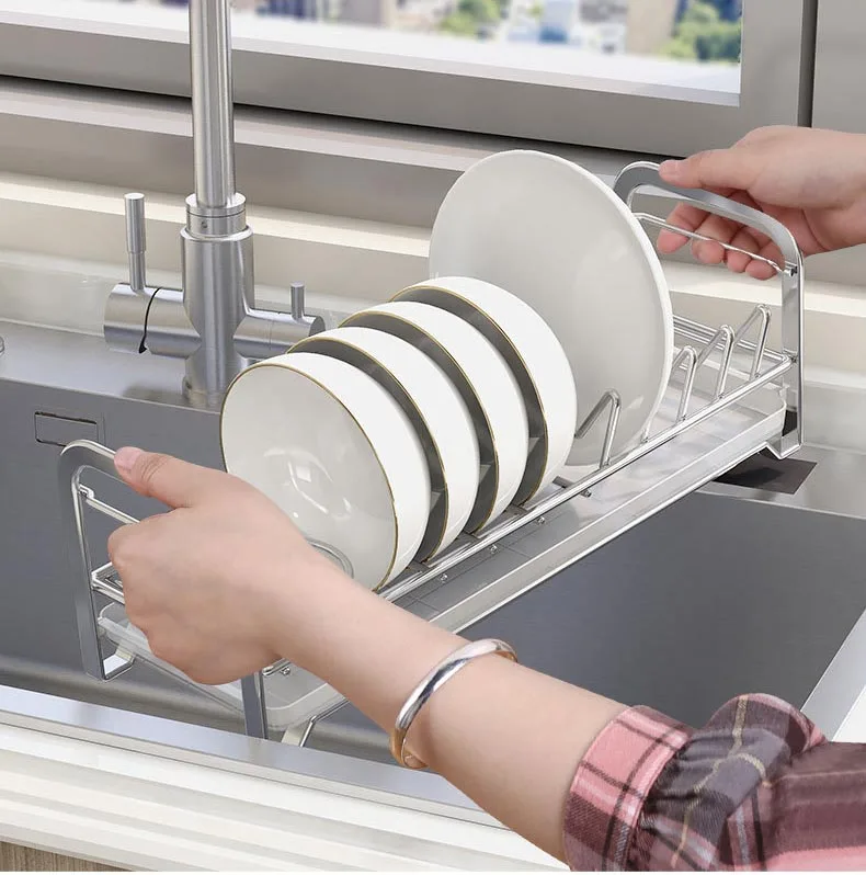 DS3545 Stainless Steel Dish Drainer for Kitchen Sink Cabinet Dish Rack with  Drain Tray Plate Organizer Small Dish Drying Rack