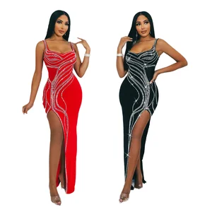 Sexy slip Dress Rhinestone High Slit Bodycon Dresses with Suspender Women's Party Garment