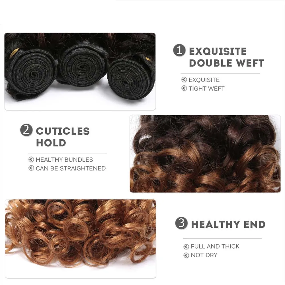 Ombre Bundles with Frontal Brazilian 1b/4/30 Human Hair Bouncy Curly Bundles with Closure Short Curly Human Hair Wave Bundles