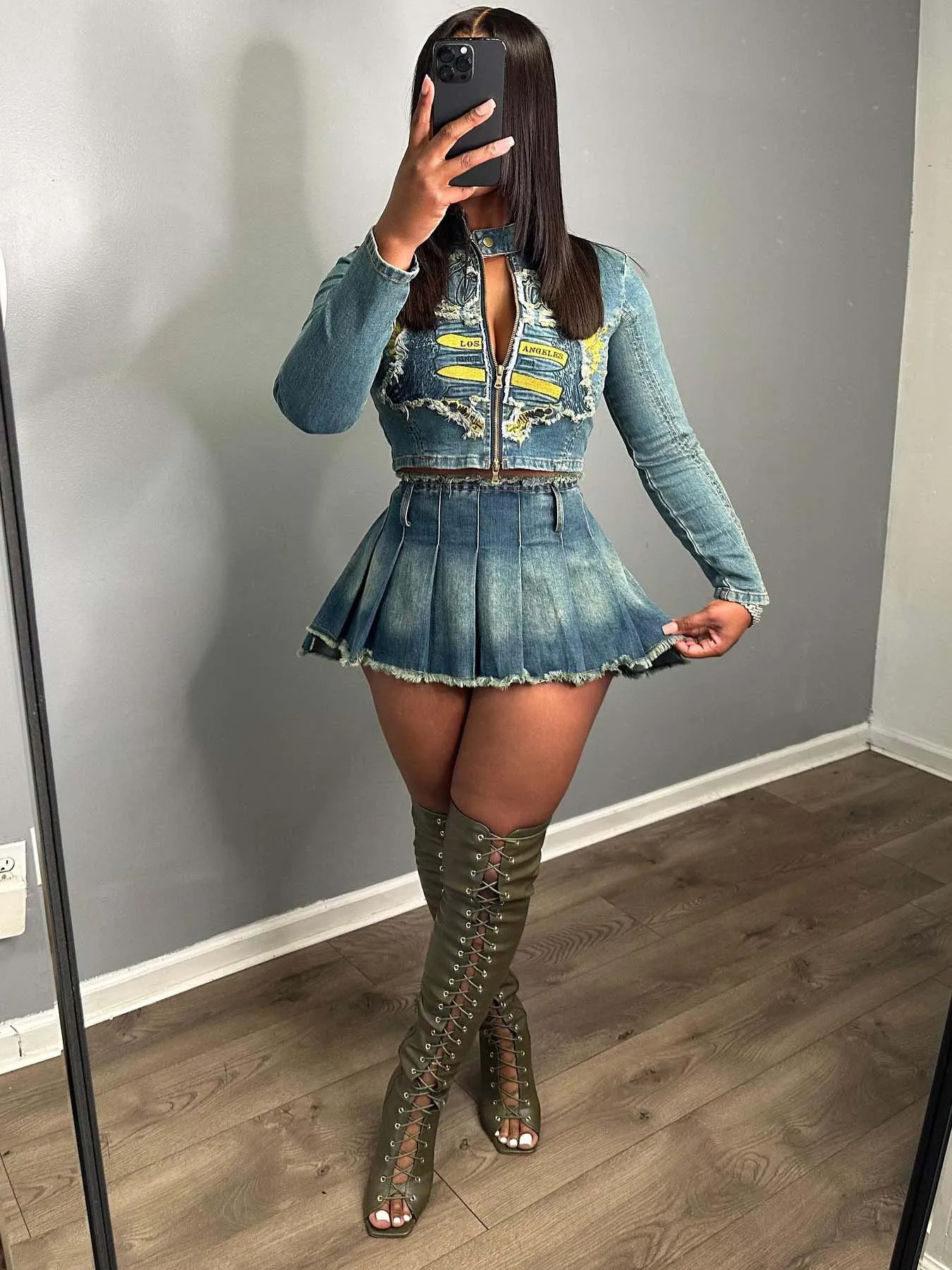 Fashion 2025 Clothing Women Boutique Casual Women Denim Outfit Long Sleeve Embroidery Jacket and Mini Skirt 2 Piece Set details