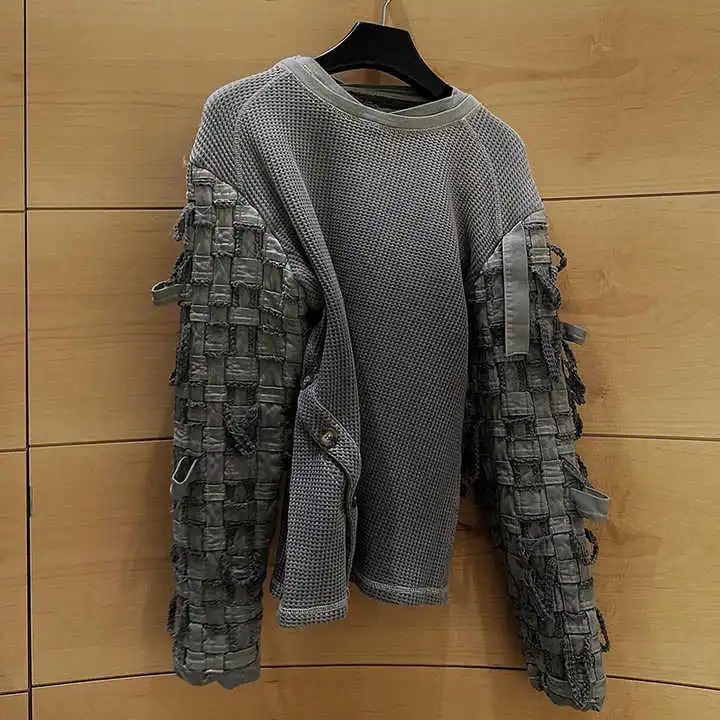 Salati Wholesale Boxy Thermal Longsleeve Waffle Knit Full Acid Wash Vintage Pullover Sweatshirt Full Long Sleeve T Shirt for Men gallery 3