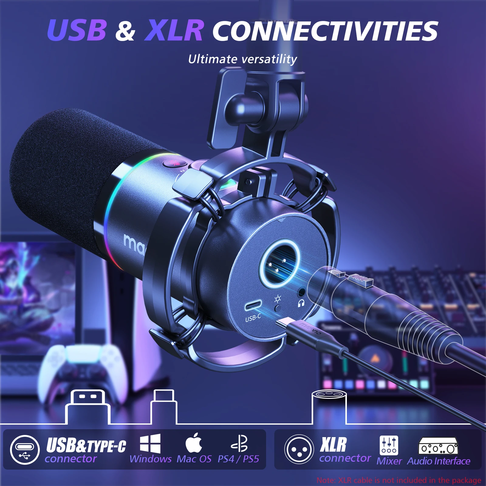 MAONO PD200XS XLR/USBダイナミックマイクRGB、ソフトウェアミュート