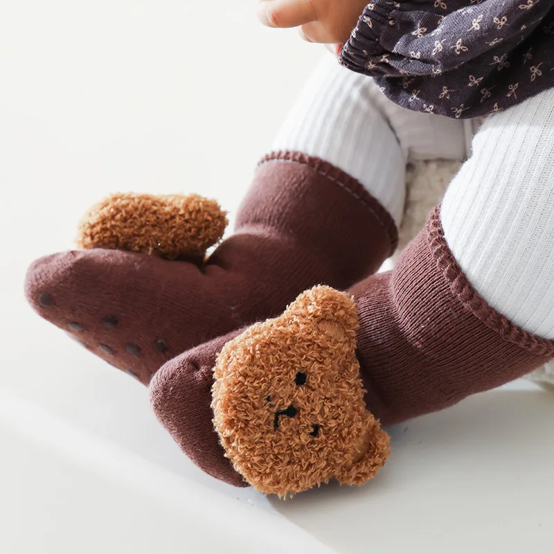 Winter Newborn Thicken Terry Loop Warm Stockings Cute 3d Cartoon Bear Dolls Anti Slip Baby Floor Socks