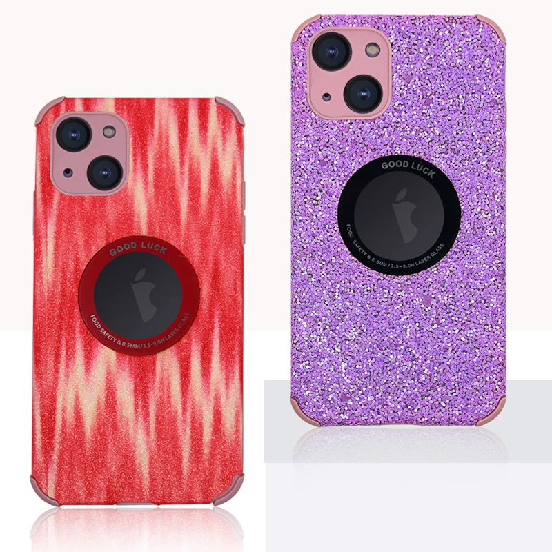 Wholesale New Design Logo display hole Flash powder Leather Mobile Phone Case Accessories Back Cover For iphone 13