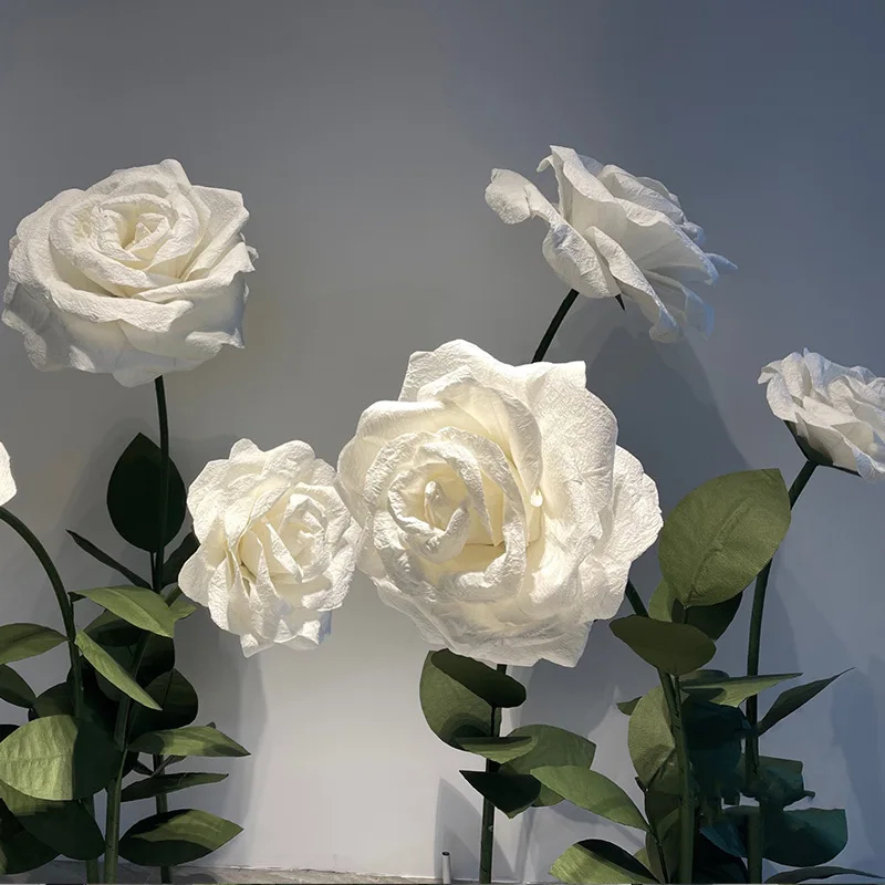CNZ02 Large Standing Wrapping Long Stem Base Paper White Rose Flower Wall Bouquet for Wedding Decoration Party