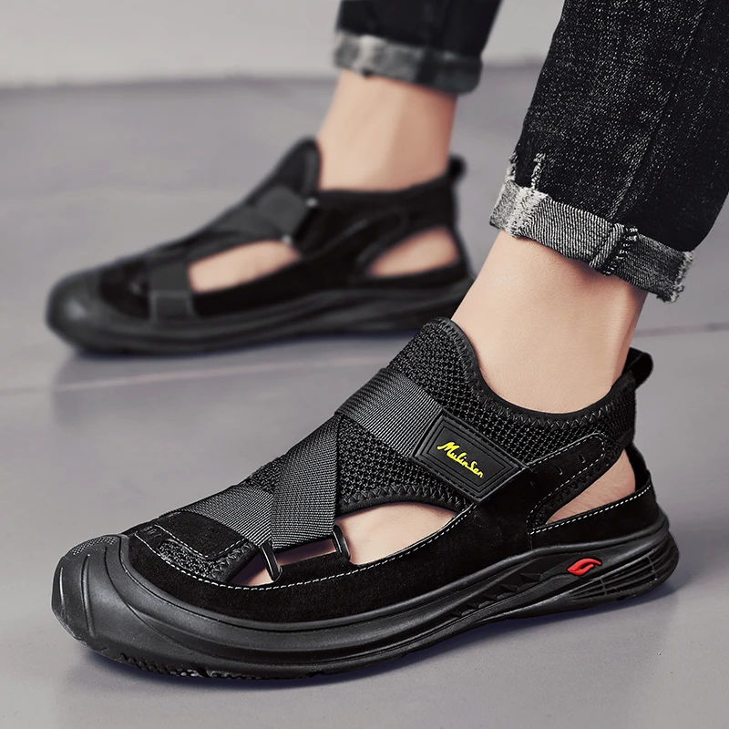 Custom Design OEM service mesh genuine leather sandals summer men sport beach closed toe hand made leather sandals